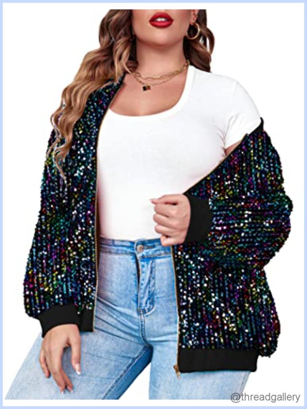 Plus Size Sequin Bomber Jacket Long Sleeve Front Zip Sparkle Party Coat